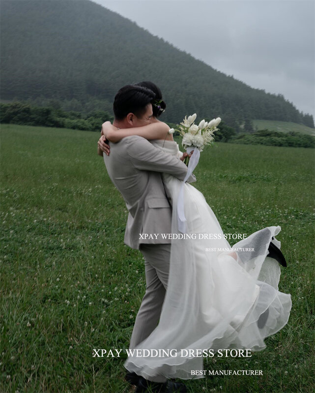 XPAY Свадебные платья без бретелек из атласа и тюля с юбкой-годе, корейский стиль, для свадебной фотосъемки, без рукавов, оригинальная модель