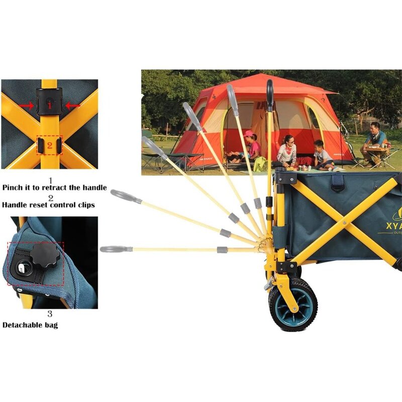 Vagão dobrável para acampamento ao ar livre, utilitário, carrinho dobrável, resistente, praia, jardim, rodas grandes, verde escuro, amarelo