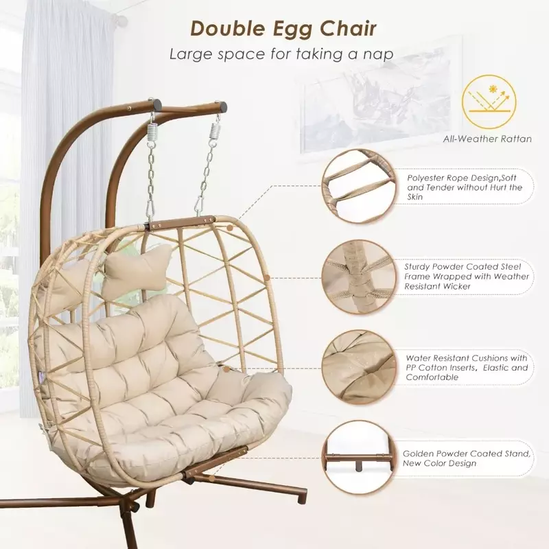 Chaise à œufs à double balançoire avec support, coussins beiges, 2 prêts hypothécaires, intérieur et extérieur