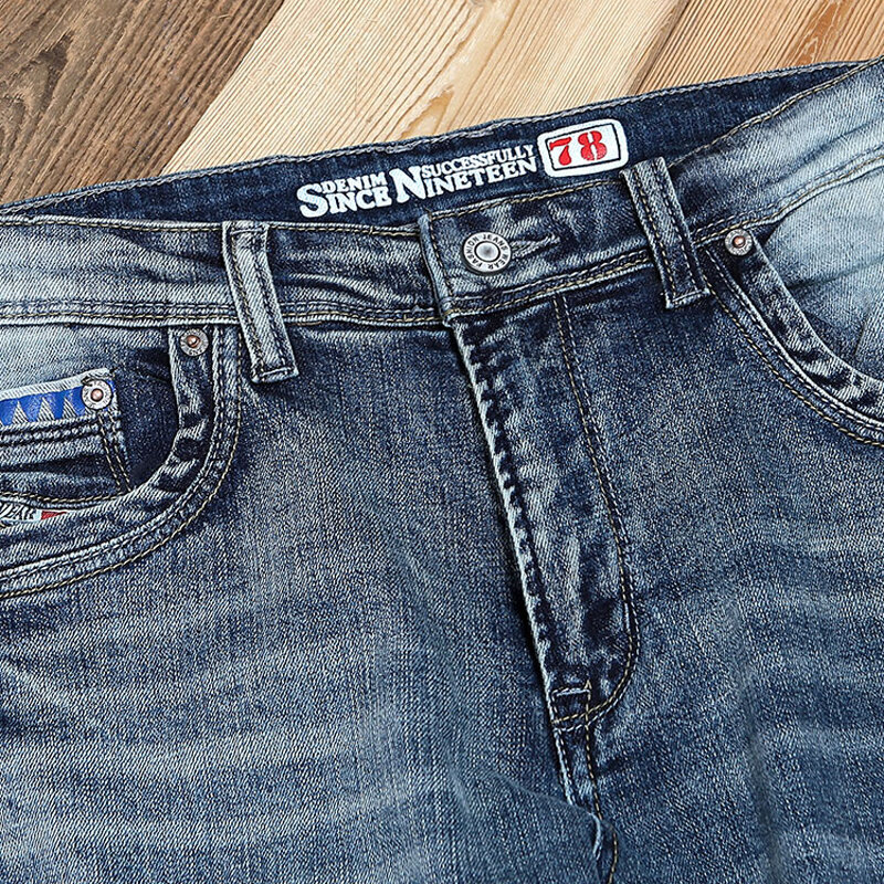 Джинсы мужские Стрейчевые в стиле ретро, дизайнерские Синие рваные джинсы с принтом, модные брюки из денима, повседневные винтажные штаны