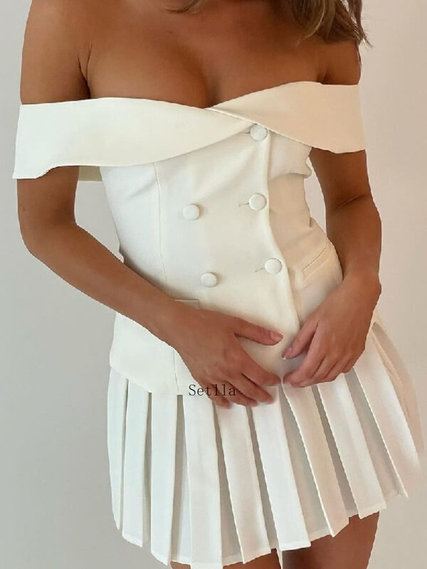 Сексуальная юбка, комплект из двух предметов, Женские топы с открытыми плечами и плиссированная мини-юбка, подходящие комплекты, Женский блейзер