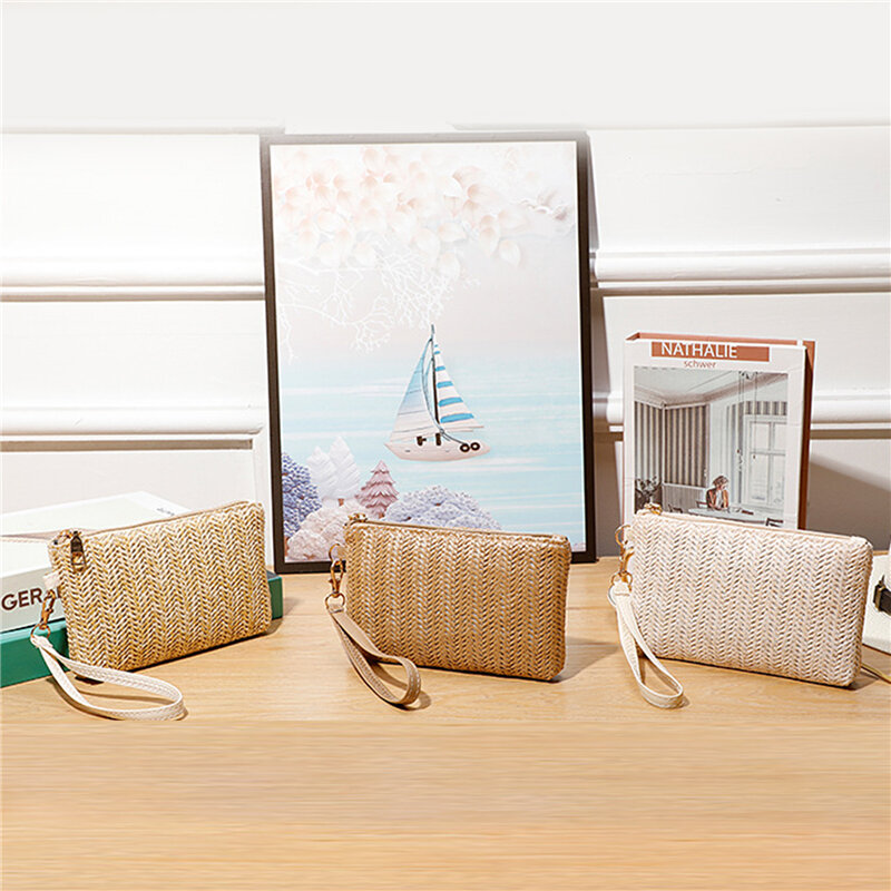 Женская плетеная Сумка-клатч с ремешком на руку, средней длины, повседневный бумажник для мобильного телефона, пляжный кошелек, модный бытовой держатель для карт