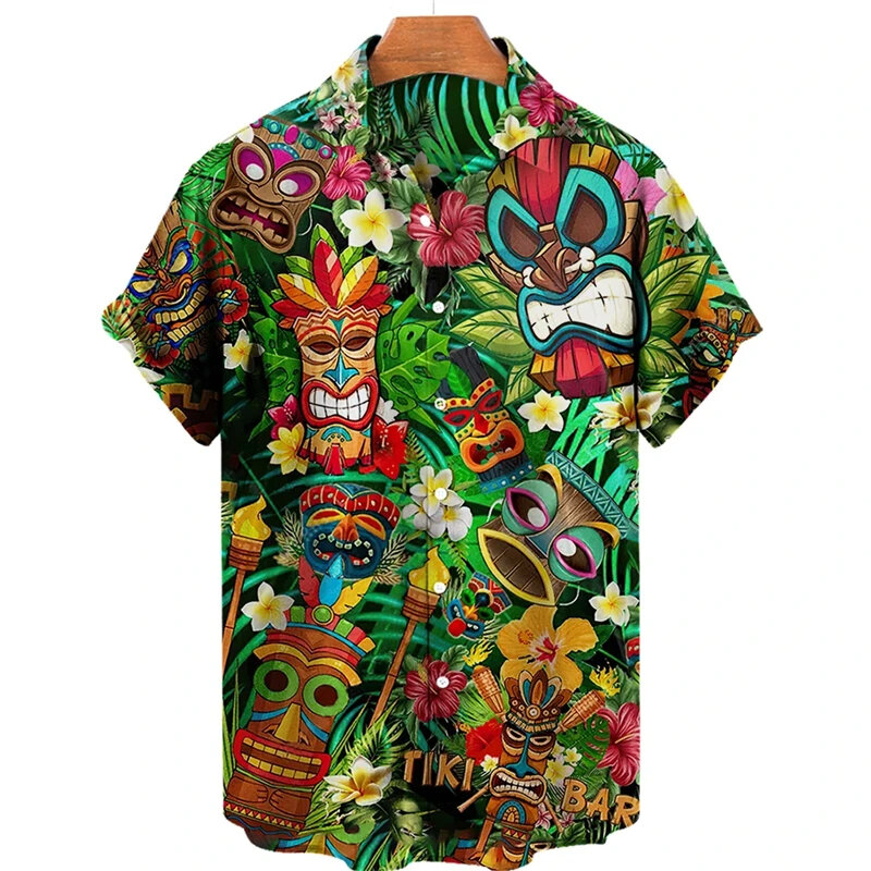 Tiki Moai-camisas hawaianas estampadas en 3D para hombre, blusas estampadas con calavera de terror, Tops Y2k informales, Vintage