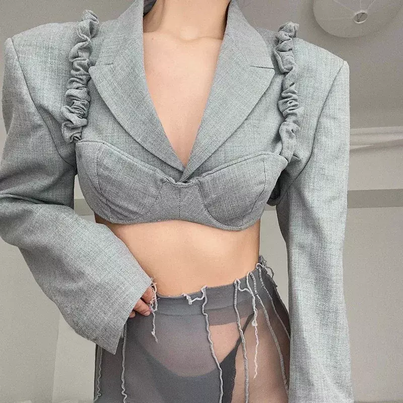 여성용 어깨 패드 재킷, 2023 한국 패션, 섹시한 크롭 블레이저, 짧은 긴 소매, 세련된 우아한 블레이저, 회색 Y2k