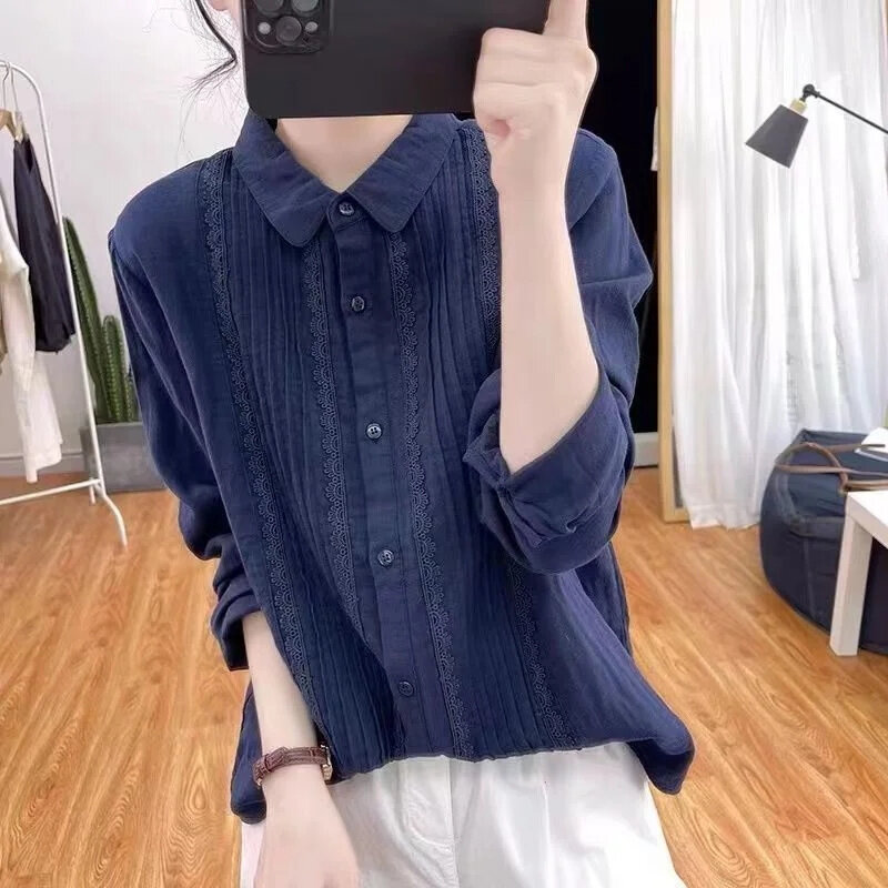 여성용 레이스 스티칭 셔츠, 한국 우아한 루즈 캐주얼, 올매치 얇은 보터밍 셔츠 블라우스, 2024 가을 신상 패션