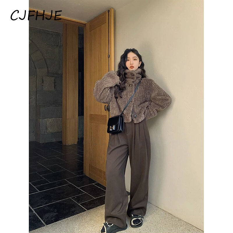 CJFHJE mantel bulu palsu crop Vintage wanita, jaket bulu palsu berdiri elegan pendek halus musim dingin gaya Korea kasual mewah baru