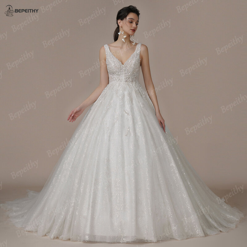 BEPEITHY Bride Luxury V Neck Crystal Wedding Dresses 2023 Sleeveless Court Train Beading Exquisite Ivory Bridal Ball Gown Spring