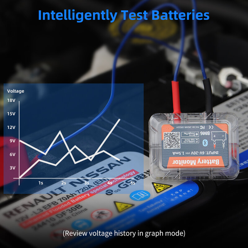BM6 Wireless Bluetooth 4.0 12V Monitor della batteria moto camion auto ricarica della batteria Tester di avviamento Monitor della salute
