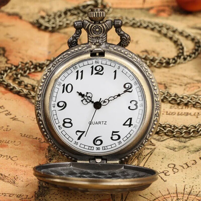 Bronze Eagle Pattern Quartz Analog Pocket Watch for Men Women Retro Clock with Necklace Chain Arabic Number Souvenir Reloj