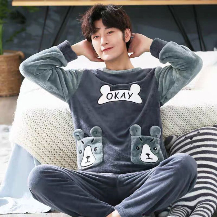 New Winter Long Sleeve Thick Warm Flannel Pajama Sets for Men Coral Velvet Cute Cartoon Sleepwear Suit Pijamas Homewear Clothes