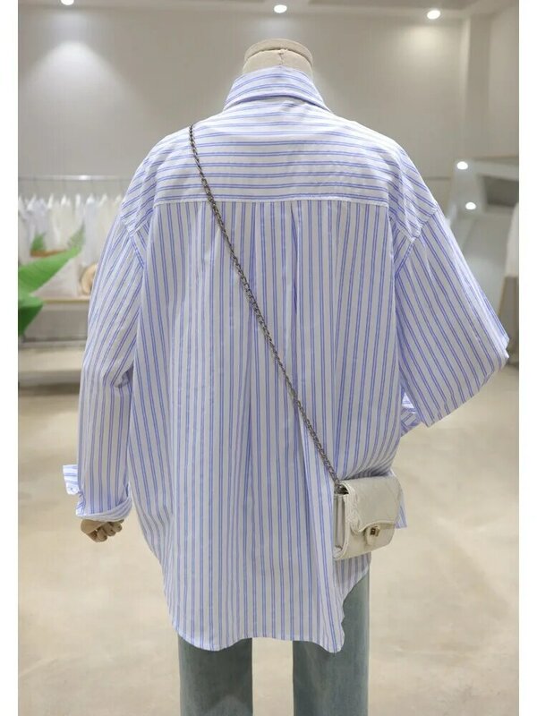Potdemiel-Blusa holgada de algodón para mujer, camisa de manga larga con bordado de dibujos animados, a rayas, a juego, 2024
