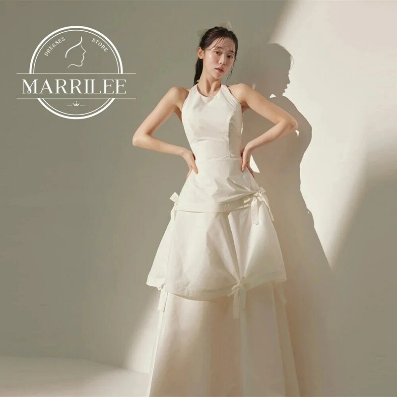 Marrilee gaun malam sederhana Gading kerah A-Line busur kue Halter tanpa lengan menawan panjang lantai berjenjang gaun pesta Prom 2024
