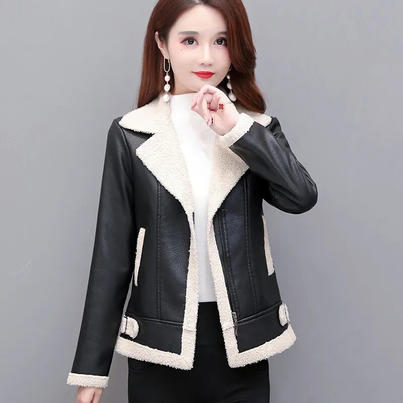 Plus velvet Leather Jacket Women's Outwear New Autumn Winter Leather Jacket PU Imitation Lamb Wool Coat Short Thick Warm Jackets