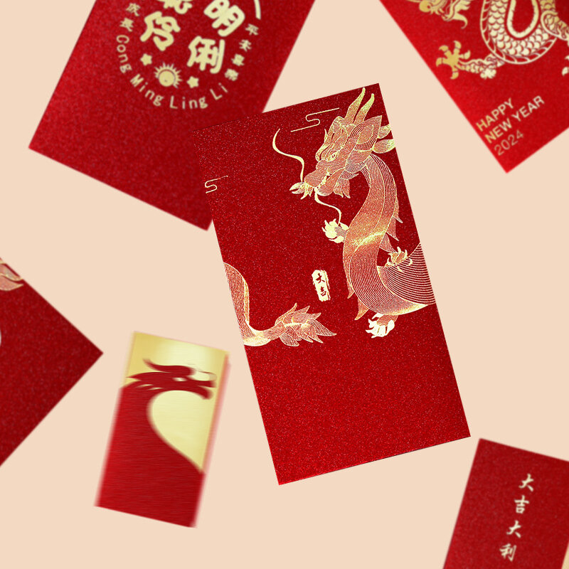Saco envelope do ano lunar chinês, pacote vermelho, ano do dragão, ano novo, festival da primavera, desenhos animados, 6 peças, 2024