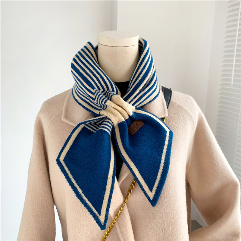 Houndstooth Stroped Luxury Brand Knitted Scarf 2022 New Women Winter Foulard Long Skinny Small Neckerchief Bufanda Warm Echarpe