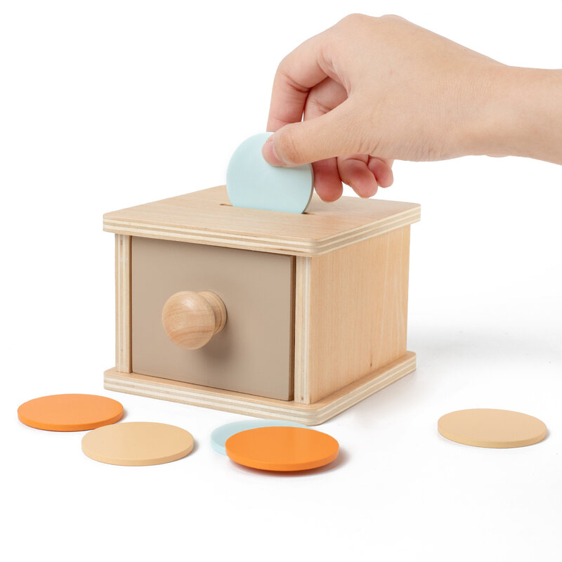 Montessori mainan pendidikan dini bayi, kotak laci koin lempar kayu warna-warni latihan Drum alat bantu mengajar logika sensoris bayi
