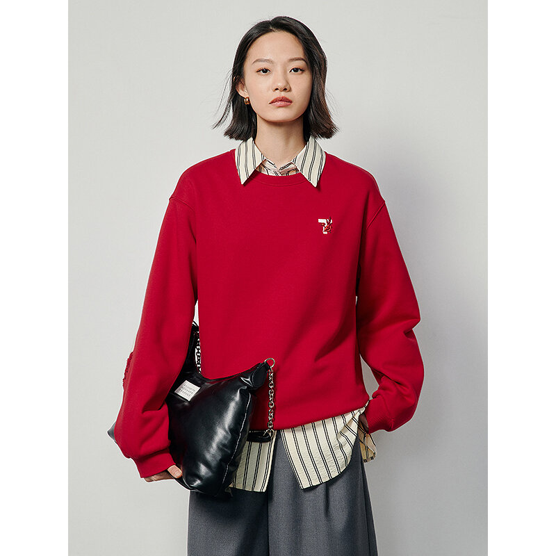 Toyouth-Sudadera de lana para mujer, suéter holgado de manga larga con cuello redondo y bordado exquisito, ropa informal y elegante, color rojo, 2024