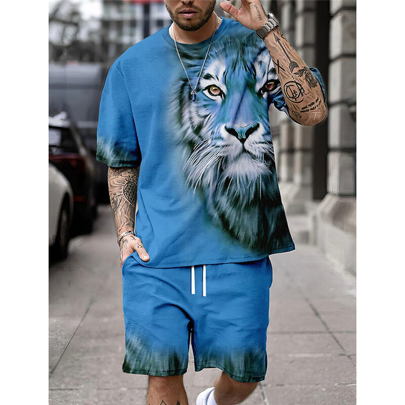 Summer Fashion Retro Print Men's T-Shirt Set O-Neck Short-Sleeved Top And Shorts Everyday Street Commuter Casual Wear For Men