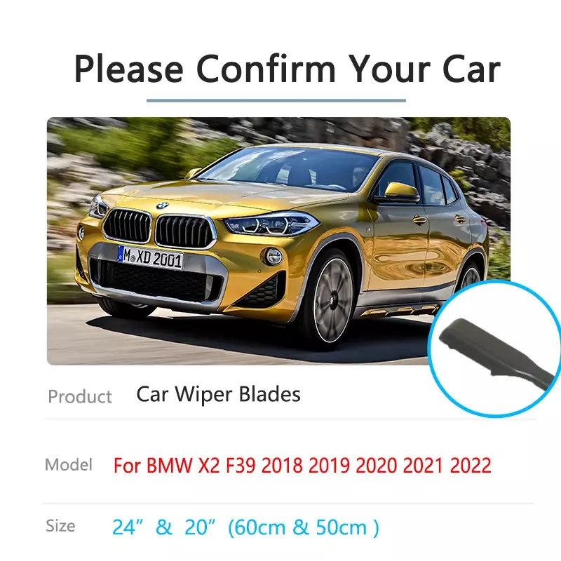 For BMW X2 F39 2018 2019 2020 2021 2022 Front Rear Wiper Blades Windshield Windscreen Auto Accessories Boneless Frameless Rubber