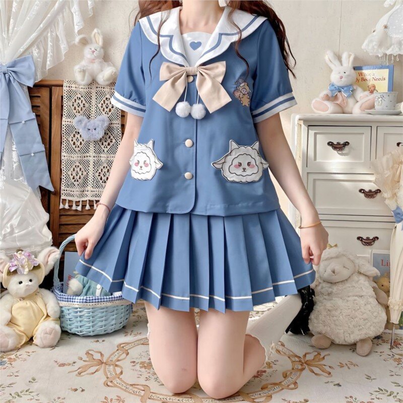 Dames Blauwe Jk Uniform Lente Lange/Korte Mouw Matrozenpak Schoolmeisjes Matroos Stropdas Geplooide Rok Outfit Schattige Anime Cos Kostuum