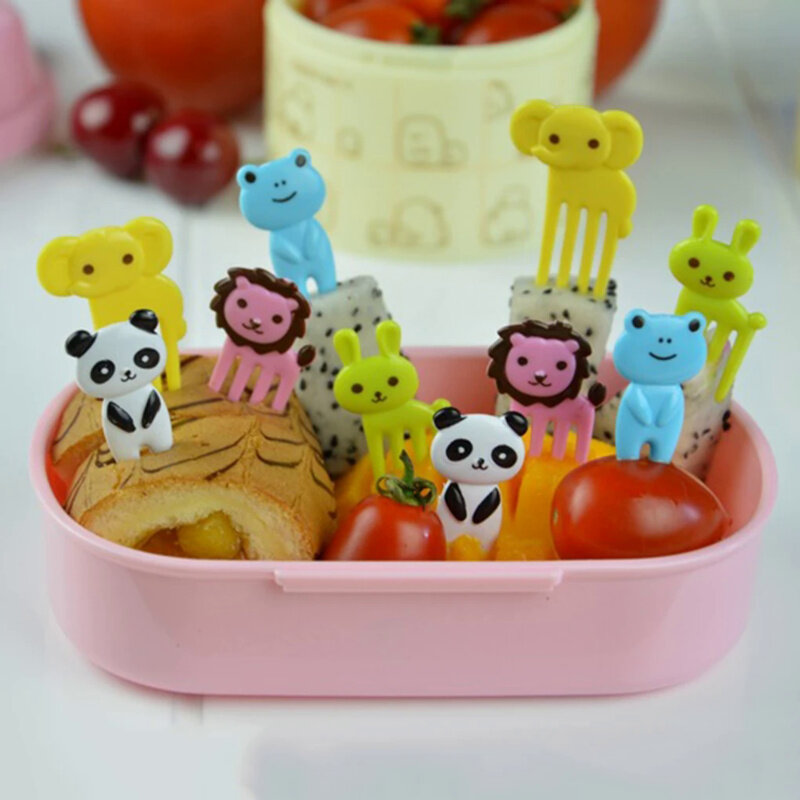 10pcs Cartoon fork bambini animal fruit Snack Cake Dessert fork set di slot usa e getta sticks box accessori giocattoli per feste per bambini