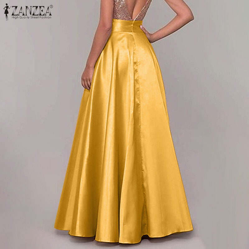 Zanzea-ボヘミアンスタイルの女性用サテンシルクミニドレス,ロングスカート,コットン,無地,十分な,伸縮性のあるウエスト,カジュアル,特大