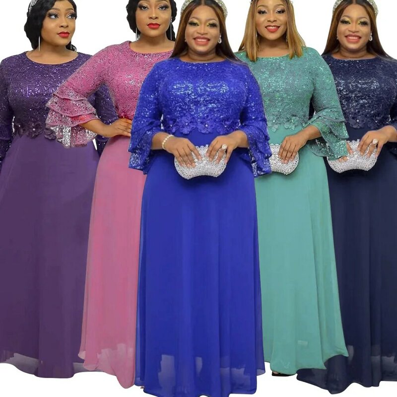 Платья Розовые в африканском стиле для женщин, весна-осень, африканские женщины, рукав три четверти, полиэстер, однотонное длинное платье, Макси-платье 2024