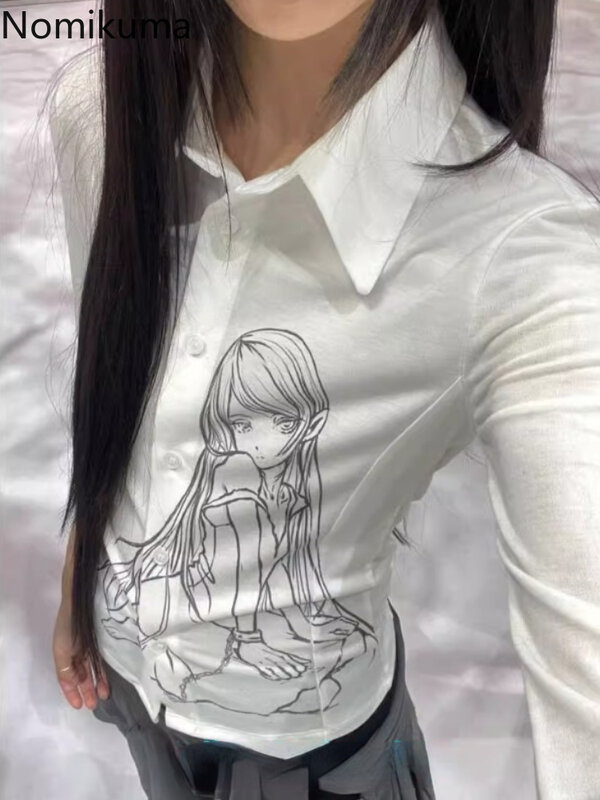 Kemeja motif kartun untuk wanita pas badan, atasan blus putih gaya Korea 2024 untuk wanita