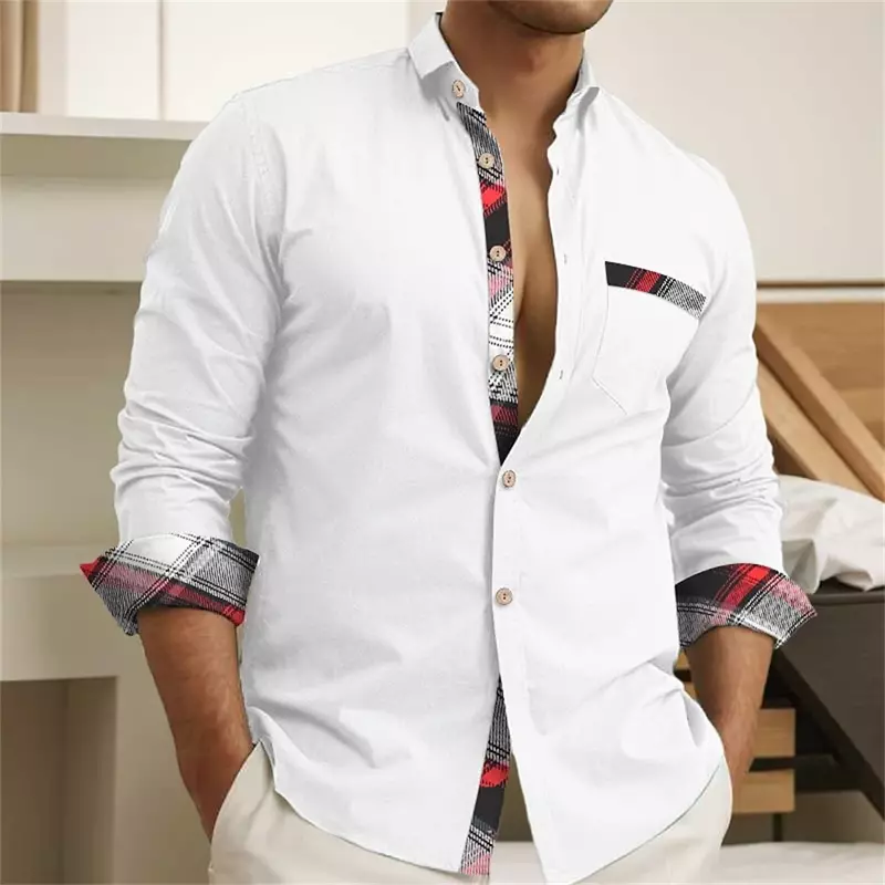 2024 nuova camicia abbottonata da uomo tinta unita a maniche lunghe con risvolto tasca per le vacanze quotidiane moda Casual confortevole Top Plus Size