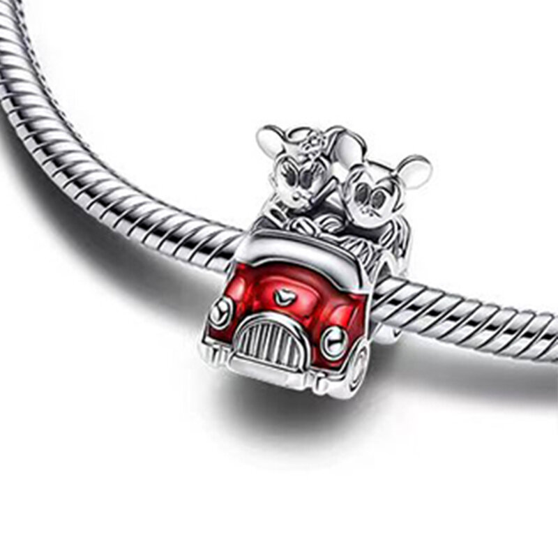 Disney-Mickey e Minnie e carros clássicos encantos para mulheres, 925 prata esterlina, miçangas, se Fits pulseira Pandora original, jóias DIY