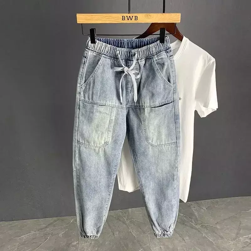 Trousers with Pockets Man Cowboy Pants Tapered Cropped Men's Jeans Korean Style Kpop Retro Autumn Clothing Fashion 2024 Trend Xs