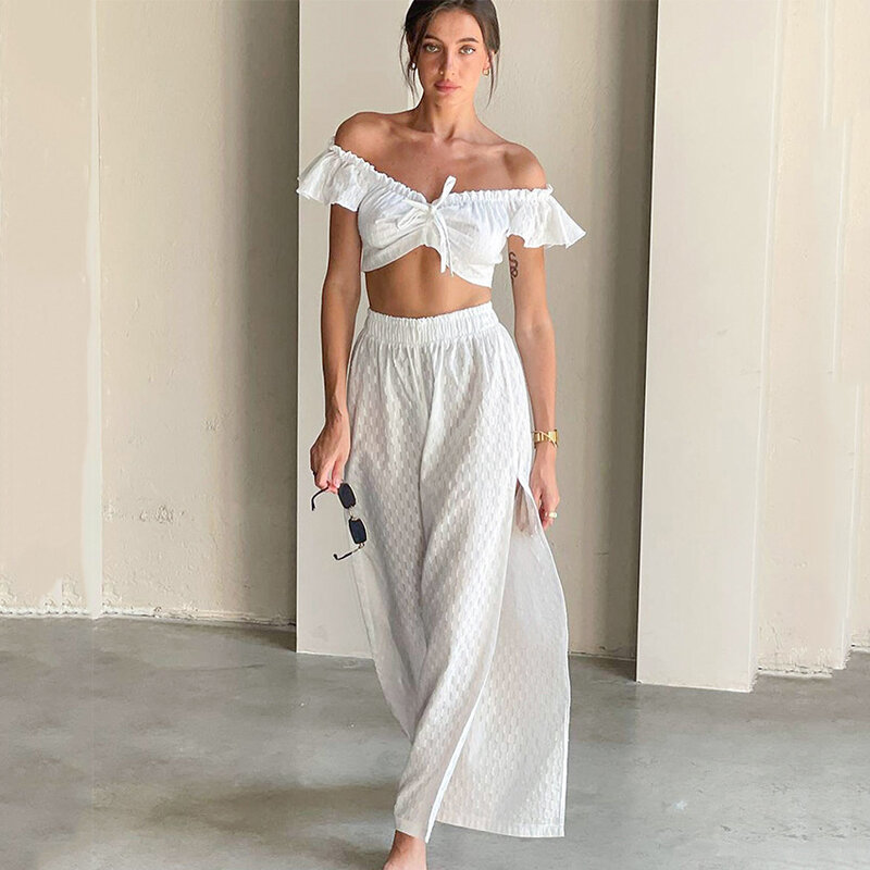 2024 Casual Vacation Two Piece Set Spring Summer Women's New Solid Color Pants Set Sexy Open Back Top High Waist Wide Leg Pants