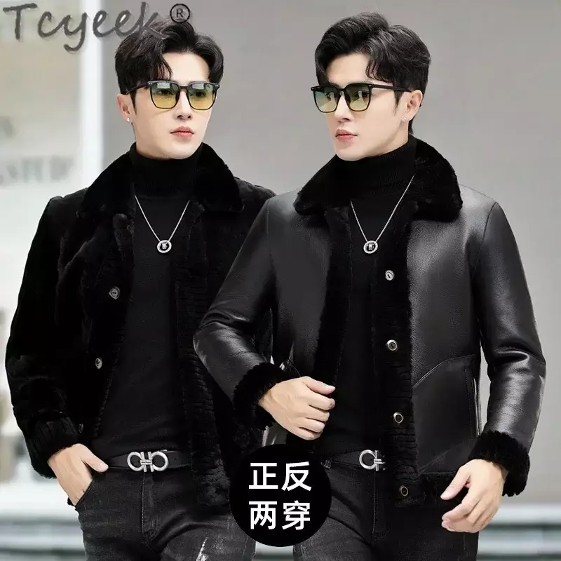 Tcyeek-Jaqueta de couro real masculina, jaqueta de inverno slim fit, casaco de pele de carneiro curto masculino, roupa reversível, fashion