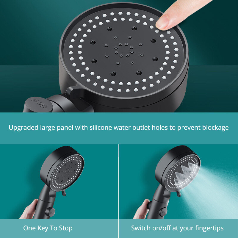 Pommeau de douche de massage à haute pression réglable, arrêt à une touche, économie d'eau, accessoires de douche noirs, 5 modes