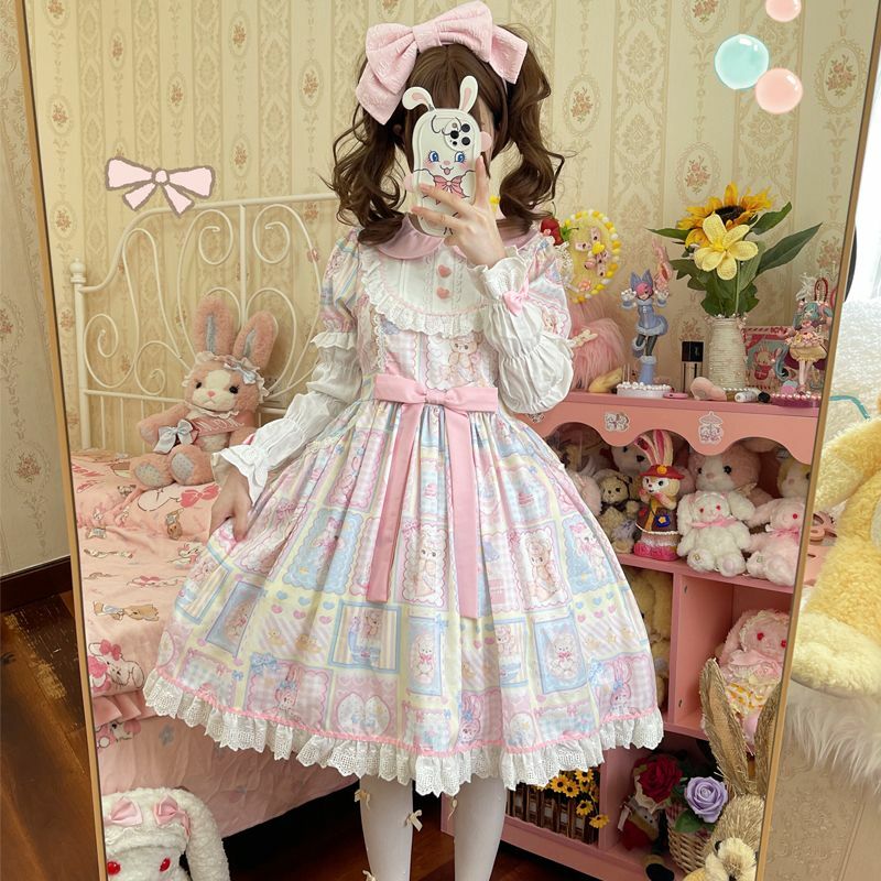 Kawaii Sweetheart Lolita OP Dress autunno ragazze Cute Lace Bow Cartoon Bunny Tea Party Dresses donna Japanses Lovely Chic Vestidos