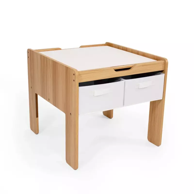 Kids Wood Building Block-Compatible Table with 4 Bins, White/Natural Wood