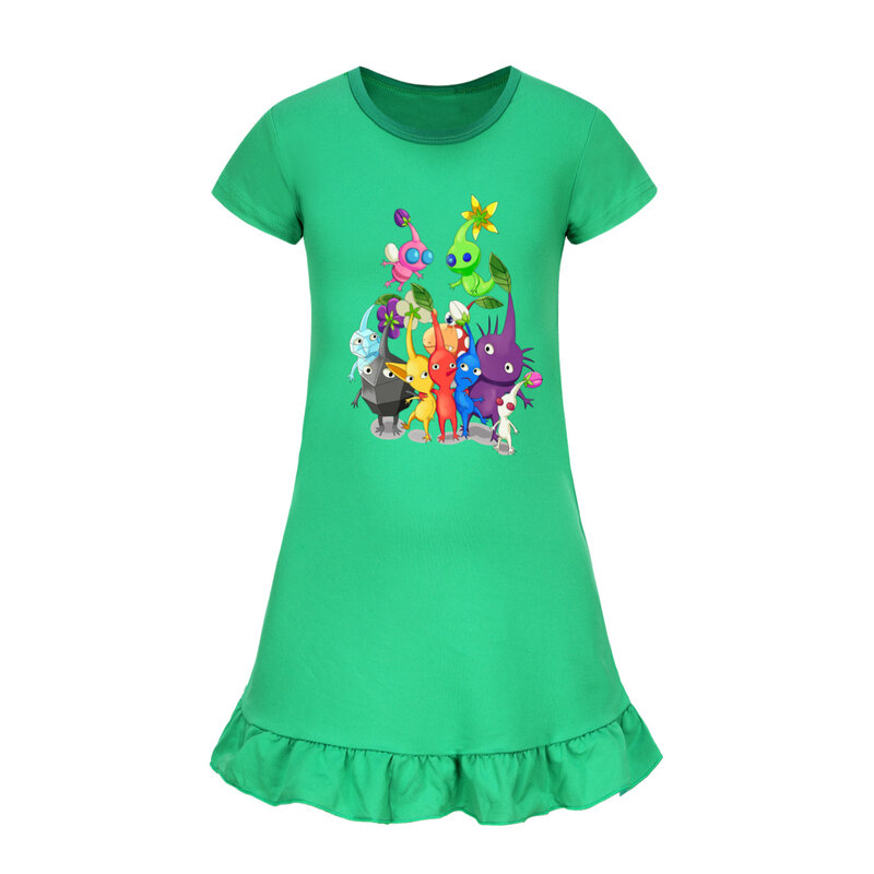 New Game Pikmin Clothes Baby Girls Casual Dresses Kids 2024 Summer Short Sleeve SleepDress Children Cartoon Casual Nightgowns