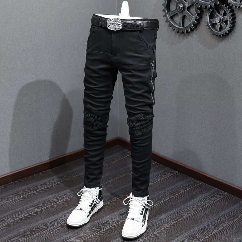 Джинсы мужские стрейчевые, модные рваные джинсы скинни, на молнии, дизайнерские брюки из денима в стиле хип-хоп, панк, черные