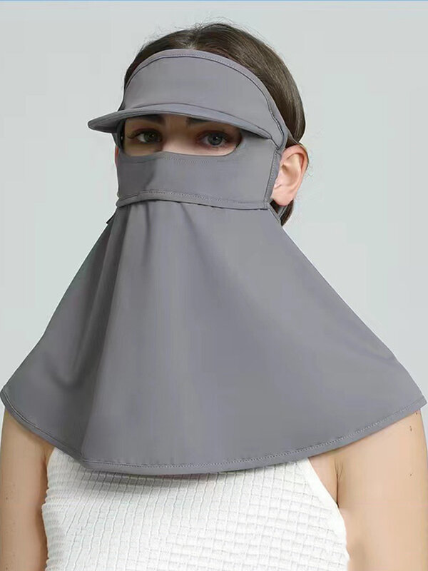 Máscara anti-ultravioleta feminina com protetor solar externo, chapéu de verão, seda gelo, respirável, capa fina, rosto, preto, cinza, UV, 50 Plus