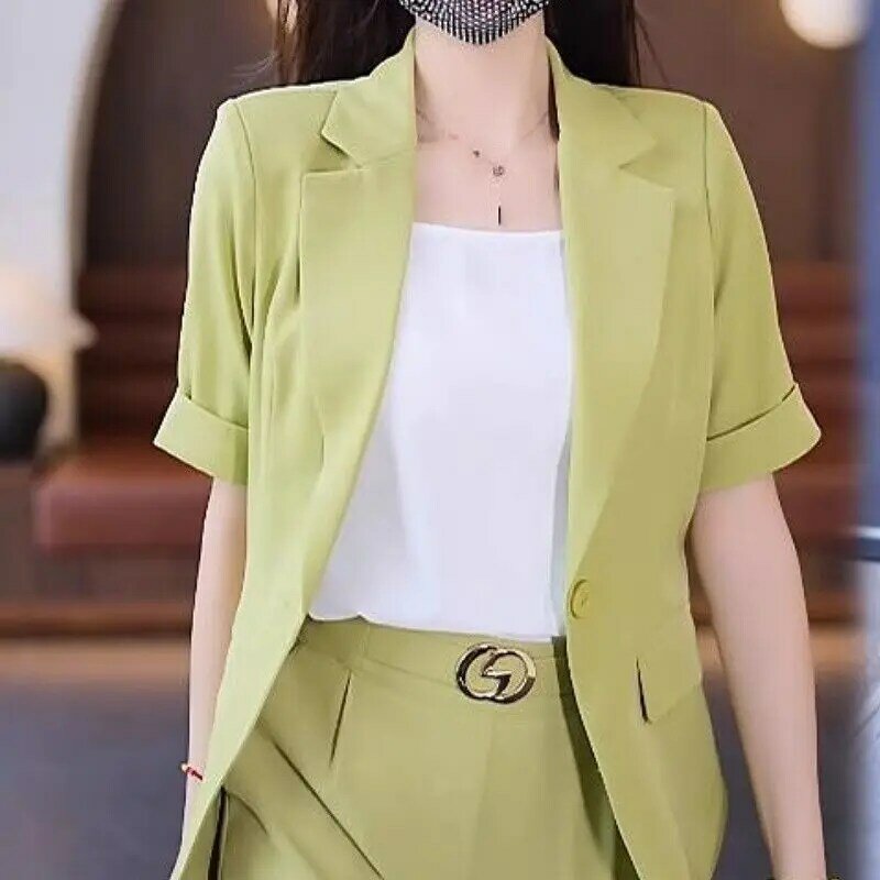 Jaket blazer wanita, lengan pendek setelan baru musim panas 2024 Korea elegan tipis celana dua potong pakaian wanita