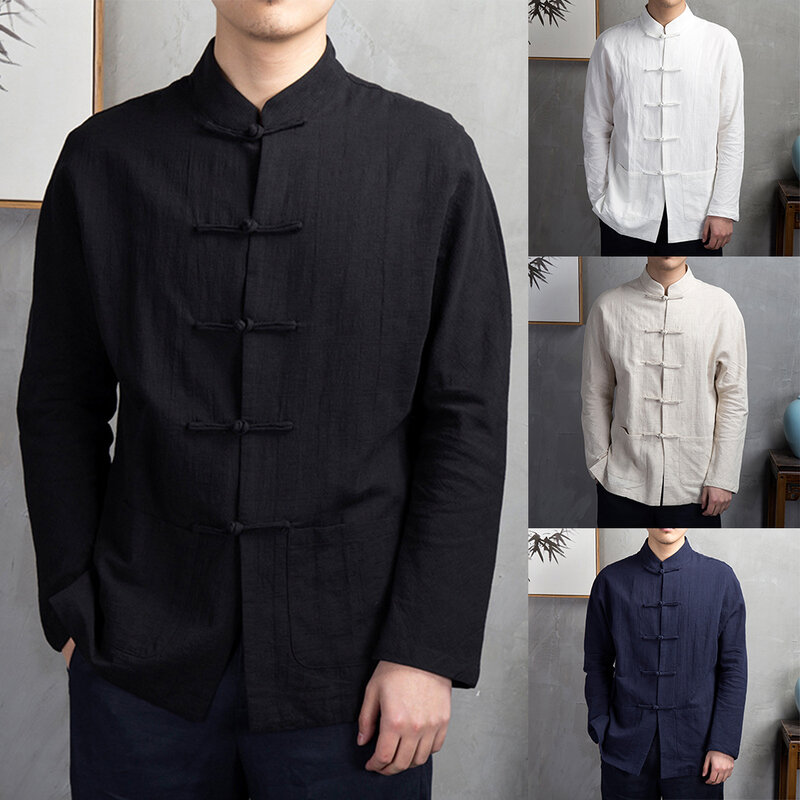 Men Chinese Traditional Kung Fu Tai Chi Coat Tang Suit Uniform Jacket Clothing Long Sleeve Blouse Retro Shirt Button Up Hanfu