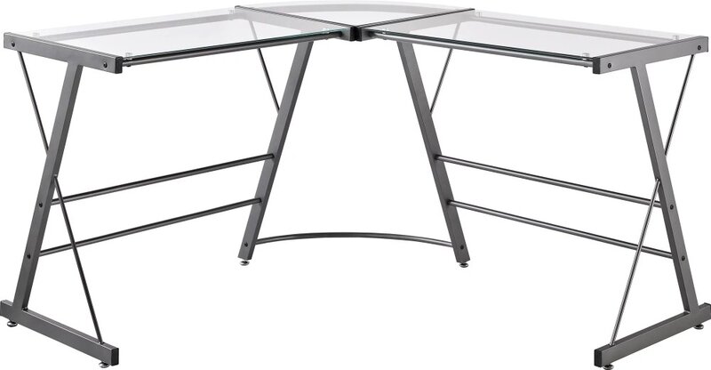 Стеклянный компьютерный стол L-образной формы, серый игровой стол
