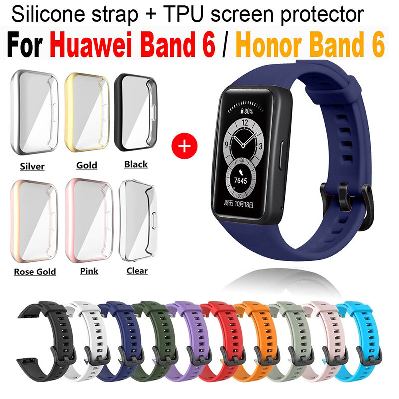 Silicone Strap for Huawei Band 6 Replacement Watch Strap for Honor Band 6 Strap with TPU Full Screen Protector Case Bracelet
