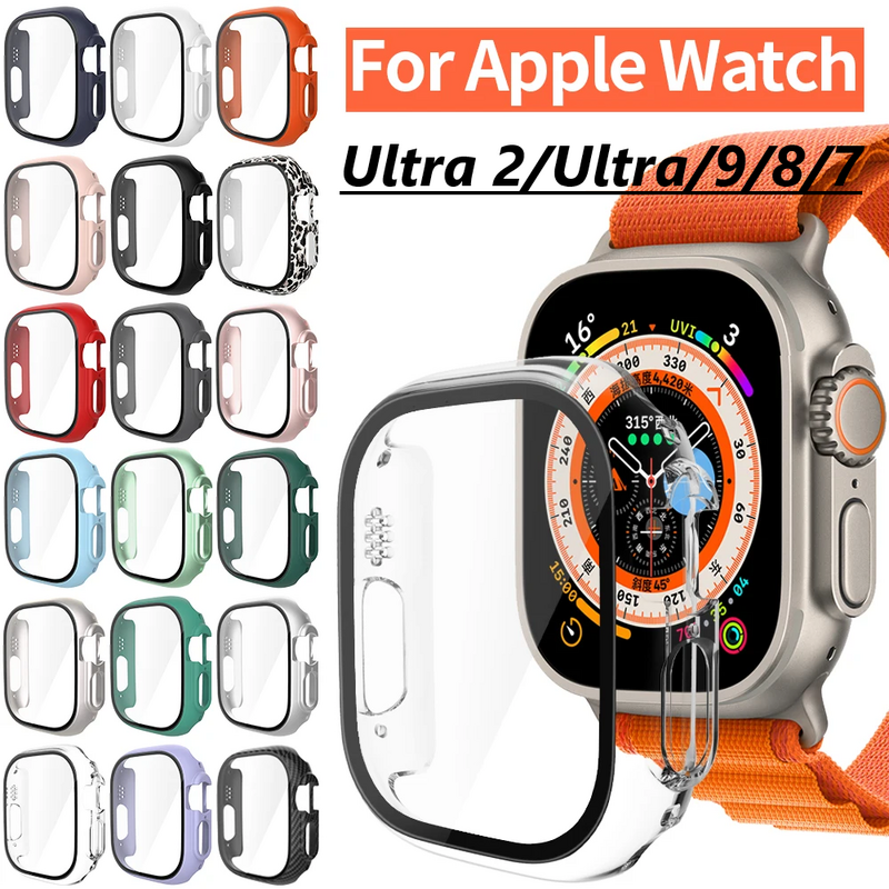 แก้ว + เคสสำหรับ Apple Watch Case Series 7/8/9 41มม.45มม.ป้องกันหน้าจอ44มม.40มม.สำหรับ IWatch ultra ultra 2 49มม.ป้องกัน