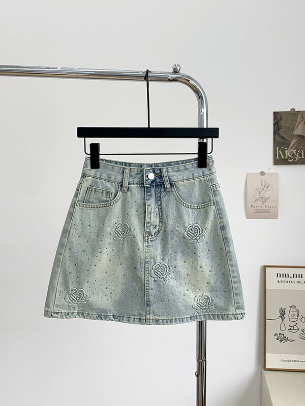 Minifalda vaquera Vintage con diamantes para mujer, falda ajustada de cintura alta con bordado azul, corte en A, diseño informal y holgado para uso diario, moda de verano