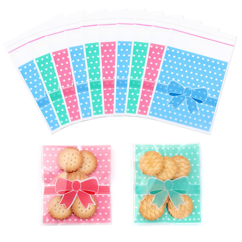 Auto-adesivos White Dots Bow Candy Bags, Cookie Gift Bags para casamento e festa de aniversário, Polka Dot, 100pcs por lote