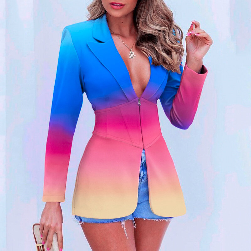 Women's Patchwork Slim Fitting Gradient Color Zipper Thin Blazers Spring and Autumn Long Sleeved V-neck Cardigan Mid Length Coat