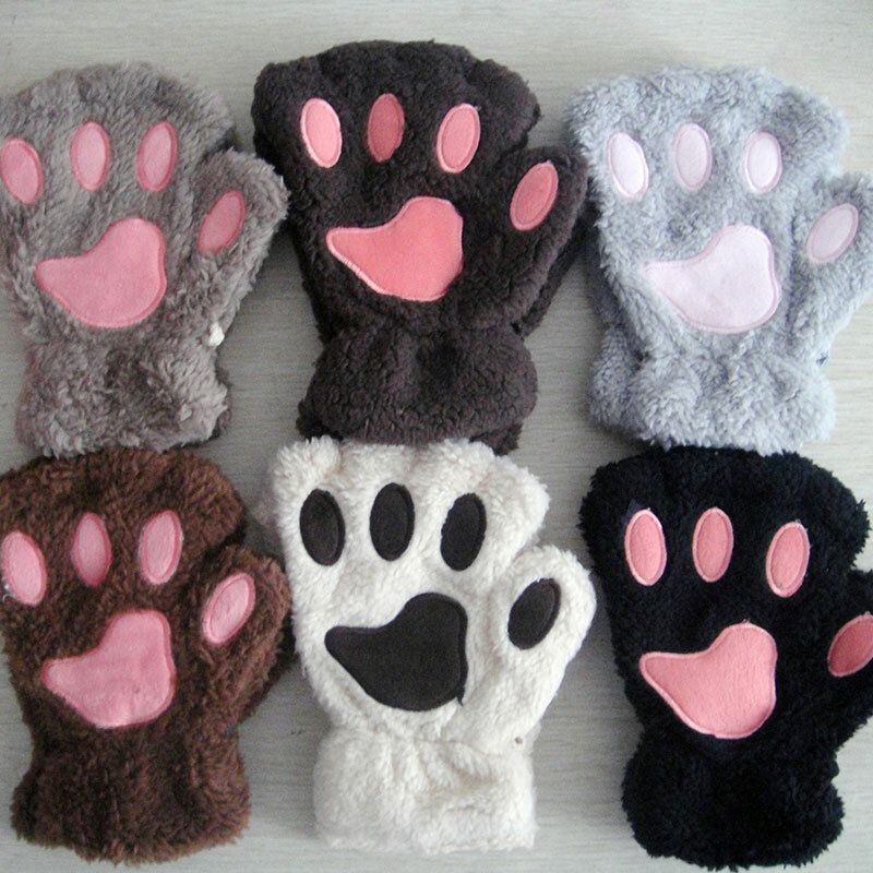 Women Bear Plush Cat Paw Claw Gloves Winter Faux Fur Cute Kitten Fingerless Mittens Gloves Christmas Halloween For Womens Girls