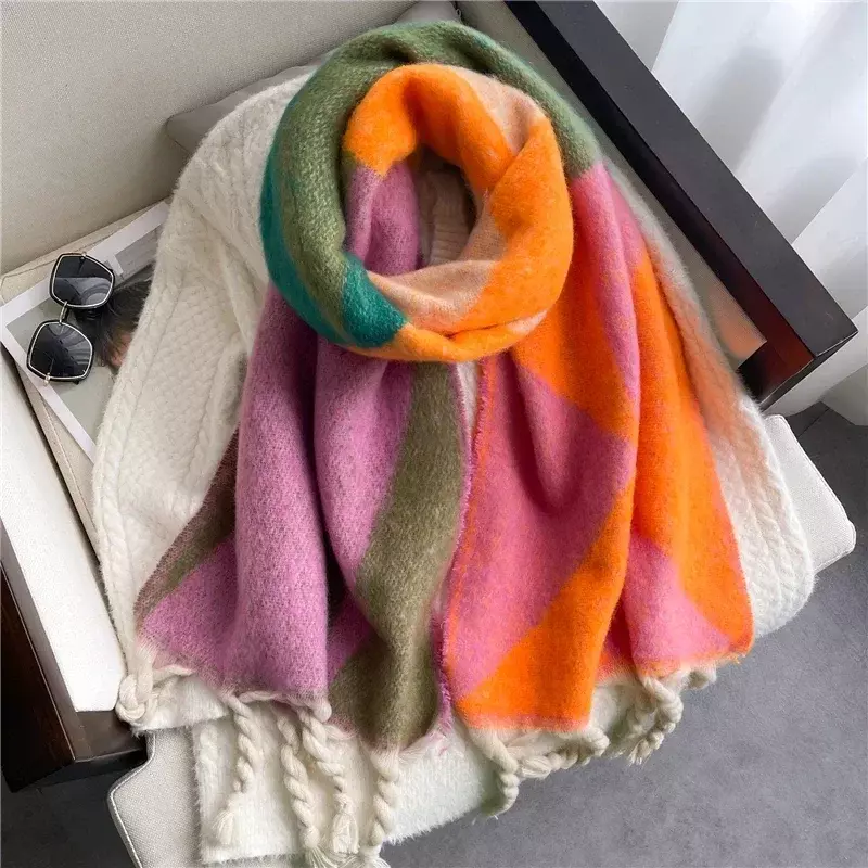 Moda lenço de lenço de caxemira para mulheres inverno quente pashmina xale envoltório grosso cobertor bufanda echarpe ribbow tassel cachecóis