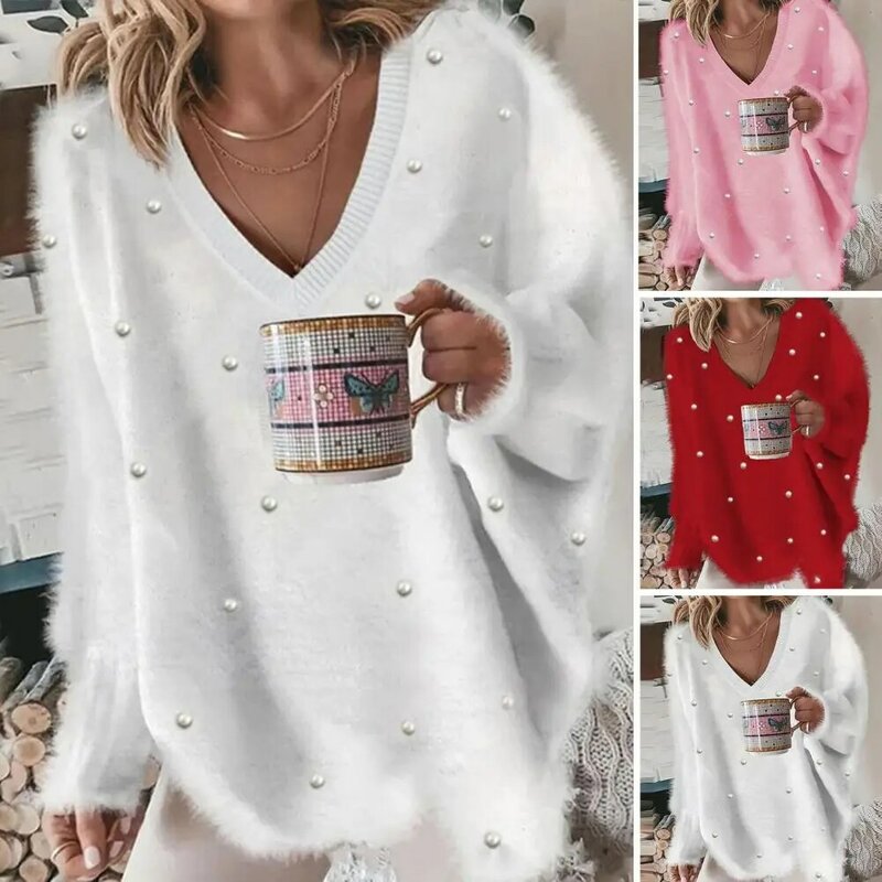 Women V-neck Sweater Cozy V-neck Plush Sweater with Bead Detailing for Women Warm Winter Pullover Knit Top in Solid Color Soft